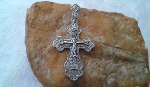 VINTAGE SOLID STERLING SILVER LARGE 1 7/8" ORTHODOX CRUCIFIX "SAVE and PROTECT" - Picture 6 of 14