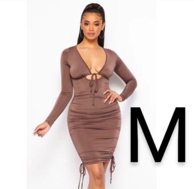 🆕Brown Long Sleeve Front Tie Side Ruched Ties Stretchy Bodycon