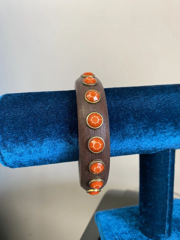 Brazalete Brazalete Vintage Firmado por Betsey Johnson Madera Lucite Textura Naranja Foto 4 de 4