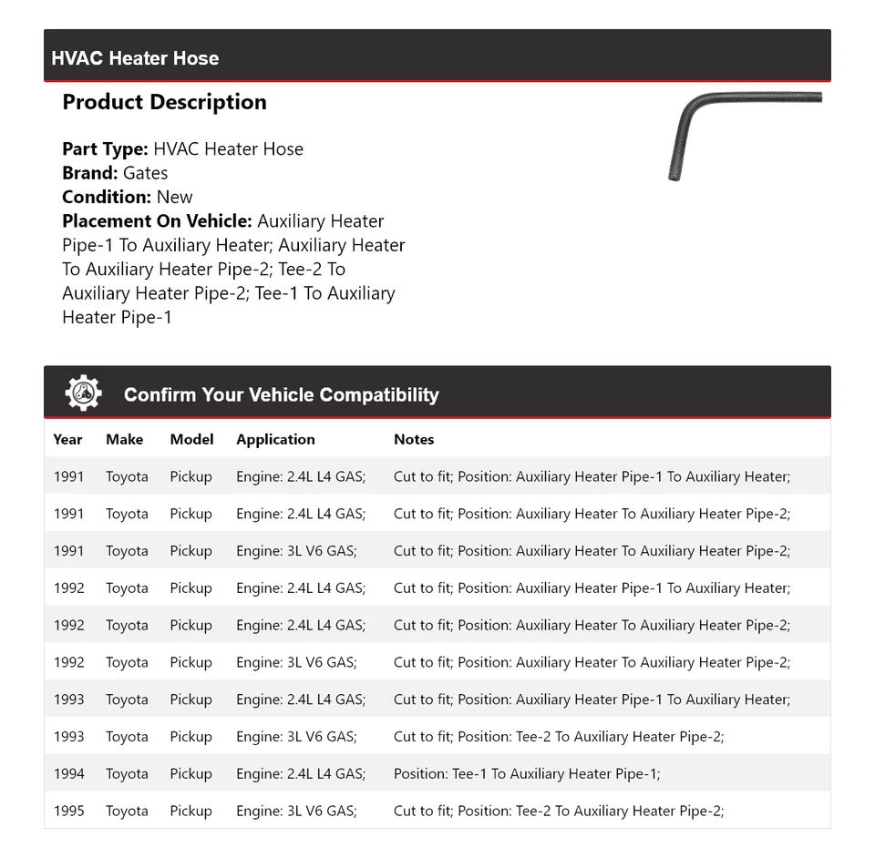 Puertas de manguera de calefacción de climatización para camioneta Toyota 1991-1995 1992 1993 1994 Foto 2 de 4