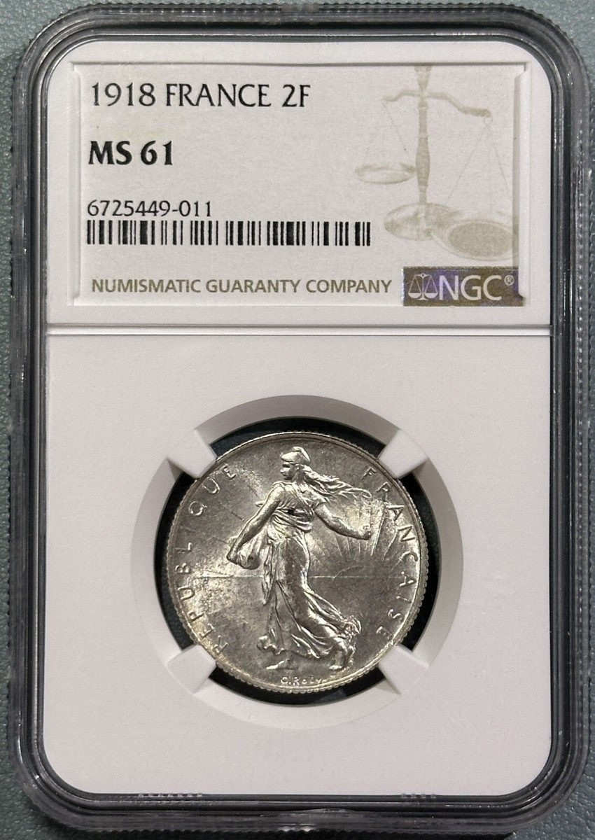 fran☆ France 1918 Silver 2 Francs French Paris Mint BU Coin NGC MS6 Full