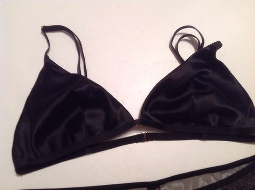 Victorias Secret Very Sexy Unlined Bralette Panty Set Medium Black Satin Fisnnet - Picture 2 of 11