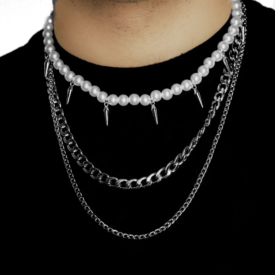 Ketten-Set Perlenkette mit Nieten Kubanische Kette Edelstahl 3er Set Herren