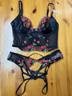 Victorias Secret Embroidered Longline Demi Bra Set Mesh Black Cherries 32C/Small