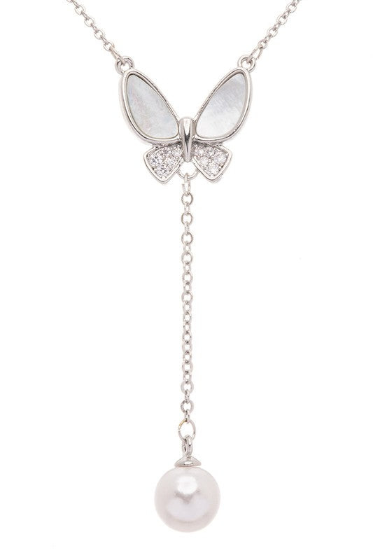 MOP Butterfly Pearl Drop Pendant Necklace