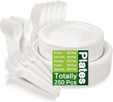 250 Piece Compostable Plates, Sugarcane Paper Plates with Extra Long Utensils,