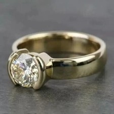 2Ct Round Cut Moissanite Half Bezel Engagement Ring 14K Yellow Gold Plated