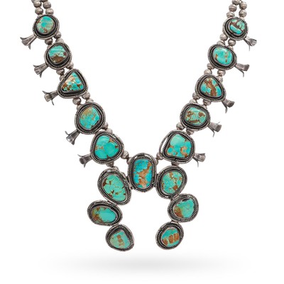 Vintage Navajo Southwestern Sterling Silver Turquoise Squash Blossom Necklace