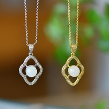18K Gold-plated White Jade Hollow Pendant Inlaid Crystal Necklace Jewelry 1PC