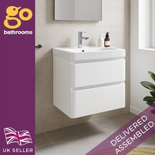 600mm White Gloss Wall Hung Vanity Unit Basin Sink Cabinet 2 Soft Close Drawers