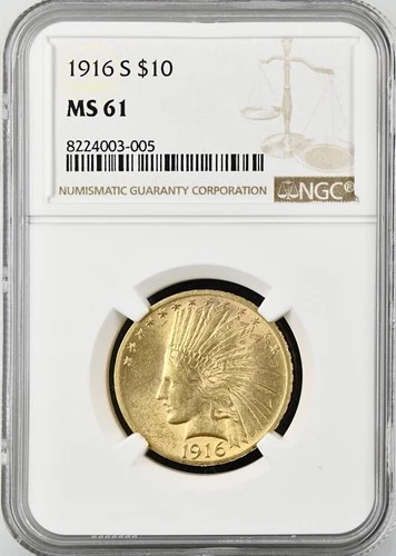 1916 S $10 INDIAN HEAD GOLD COIN NGC MS61
