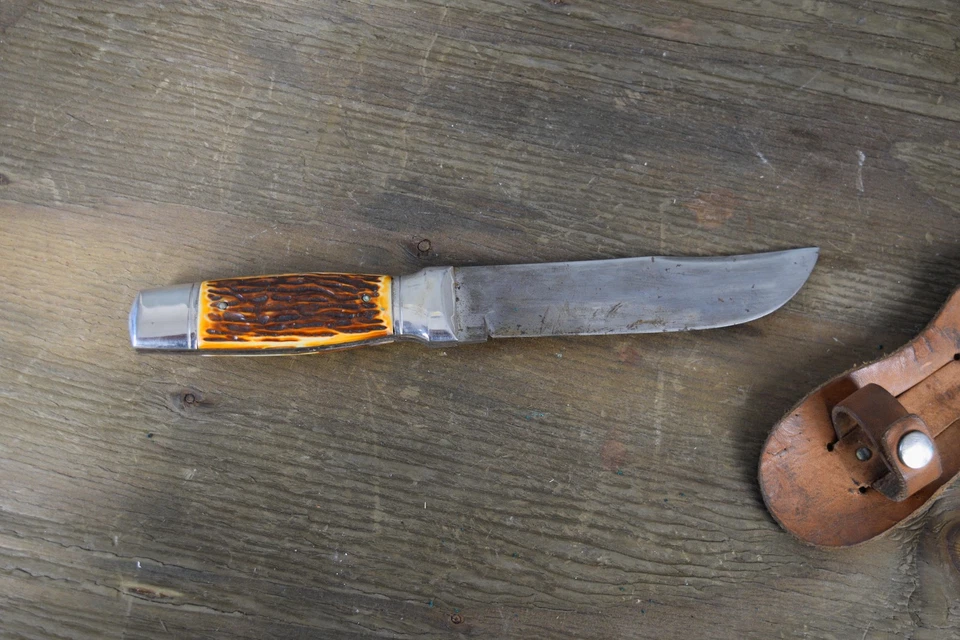 Faca vintage Colonial Prov EUA lâmina fixa cabo de veado com bainha de couro - Imagem 3 de 4