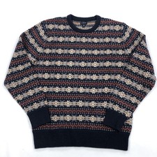 J.CREW Men's M Fair Isle Wool Blend Crew Neck Sweater Navy Red Tan Knit