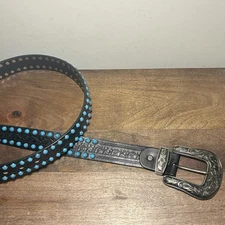 Angel Ranch Western Tooled Leather Black Turquoise Studded Belt Floral Buckle LG