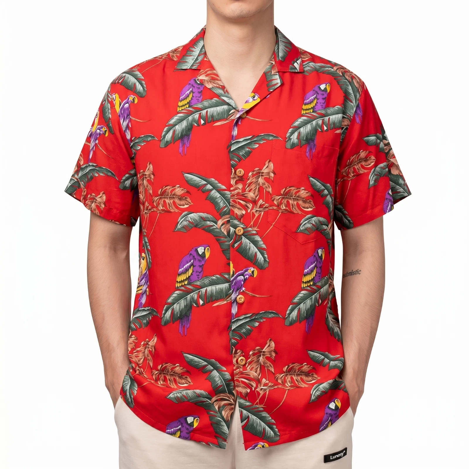 Red Tropical Parrot Hawaiian Button Down Aloha Casual Summer Vacation Apparel
