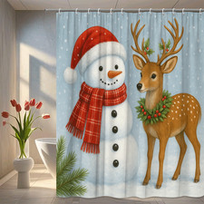 Christmas Shower Curtain with Snowman and Reindeer Design