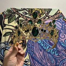 Gold Crown with Green Gemstones and Clear Rhinestones, Adult Unisex One Size