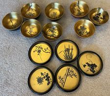 Oriental Wooden Bowls & Sausers  decoratively handpainted - 5 sausers, 8 bowls