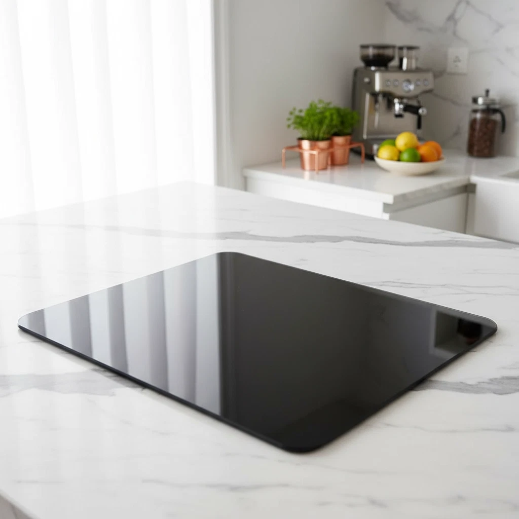 Black Smooth & Flat Float Glass Worktop Saver/Worktop Board 50 X 40Cm Round Cor