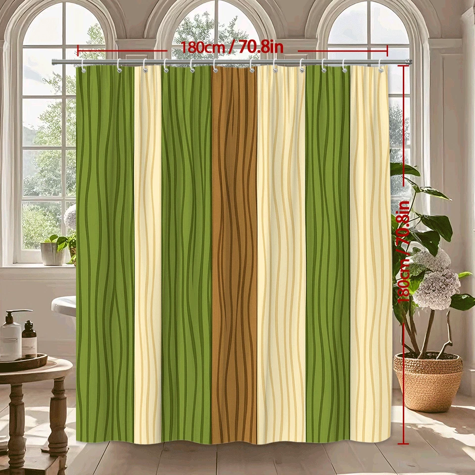 Cortina de ducha a rayas verdes y marrones para decoración de baño Foto 3 de 4