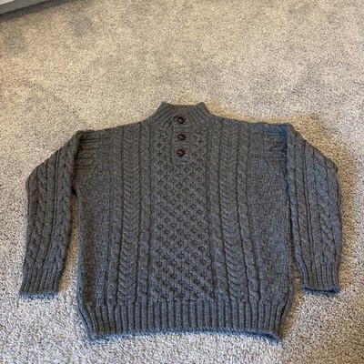 LL Bean Sweater Mens Large Gray  100% Wool Henley Mock Neck Cable Knit 90s JKL1