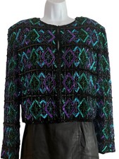 Sequined Long Sleeved Diamond Print Glam Evening Jacket Size XL Laurence Kazar