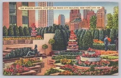 1939 Radio City Building Rooftop Garden NYC Linen Postcard Tichnor Bros
