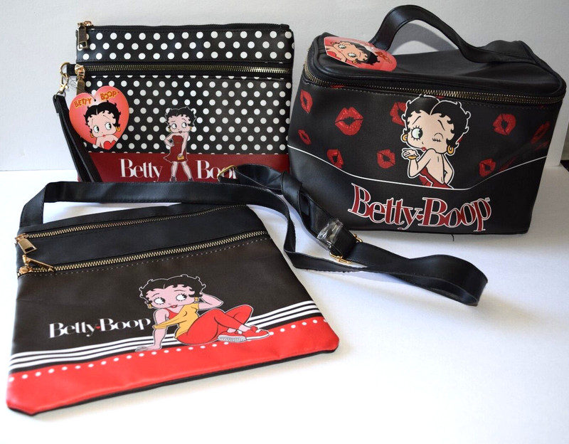 Lot of 3 Betty Boop Faux Leather Accessories - Makeup Bag, Wallet, Crossbody Bag