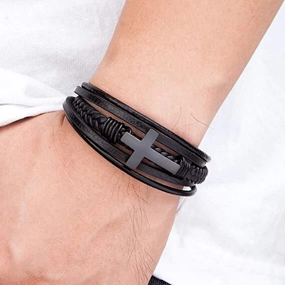 Men's Cross Braided Bracelet Leather Cuff Bracelet Bangle Magnetic Clasp - Image 3 of 4