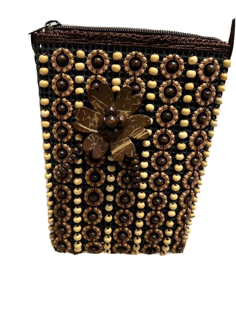 Bohemian Boho Wooden Beaded Folk Craft Purse Brown Crossbody Pouch