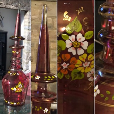  Riesige 20'' TSCHECHISCHE BÖHMISCHE MOSER RUBIN GEFASSTE KARAFFE FLORAL EMAILLE TURMSTOPFEN