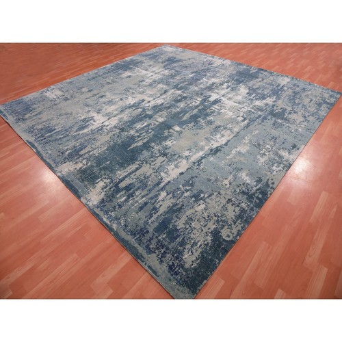 12'x12' Grotto Blue Abstract Design Silk and Wool Hand Knotted Square Rug R75333 - Picture 3 of 11