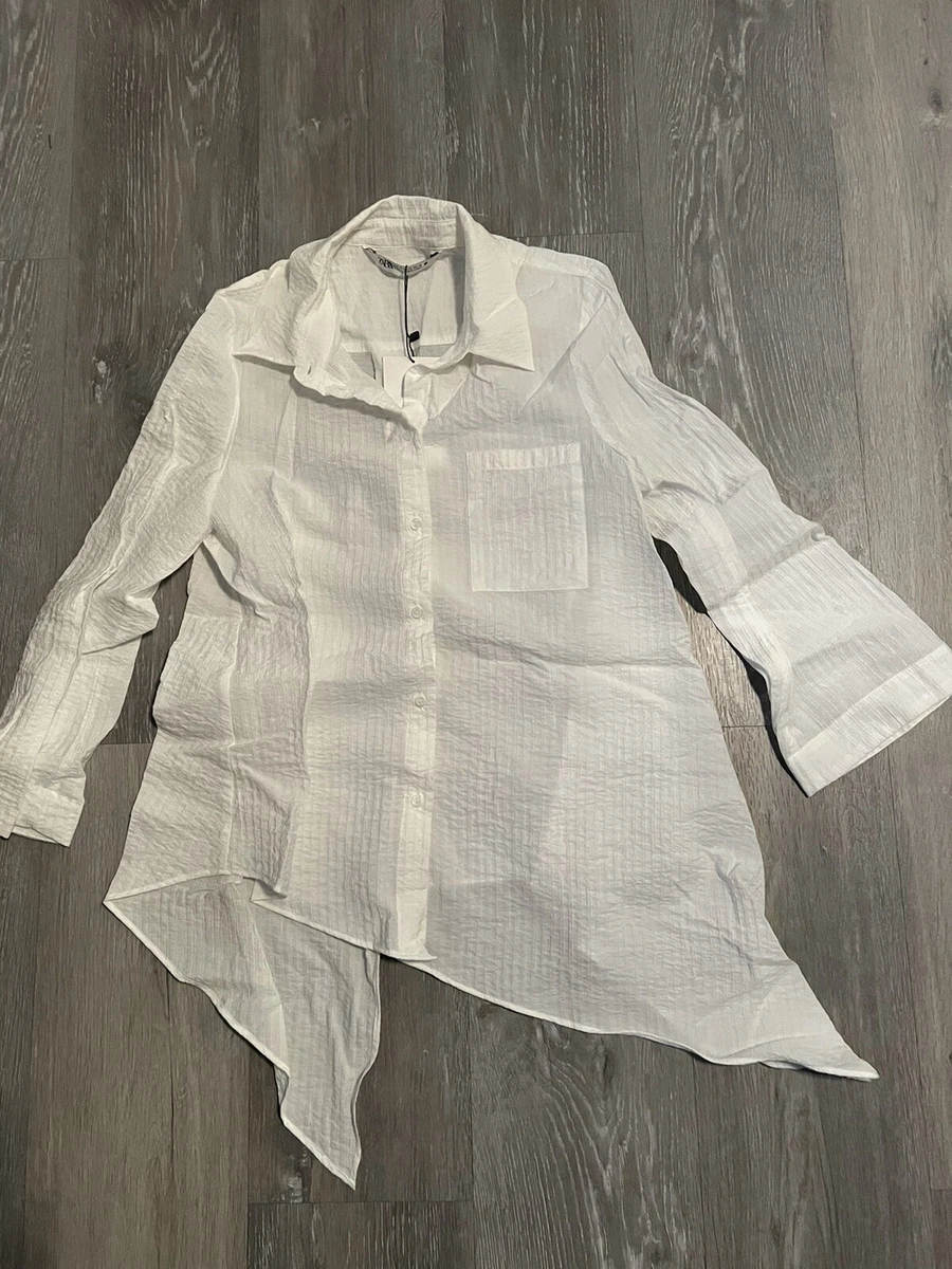 Zara Woman Cotton Poplin Asymmetrical Shirt White Long Sleeve Size XS