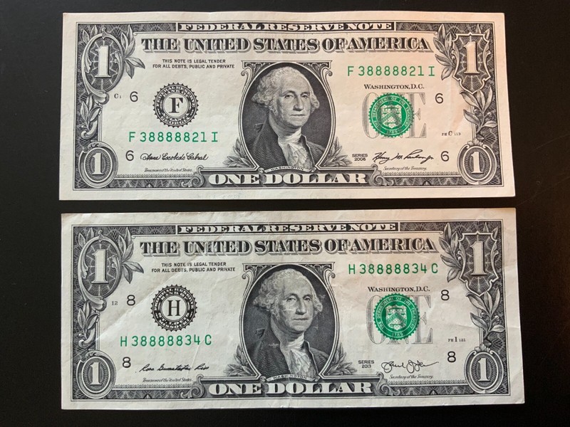 2006 and 2013 $1 DOLLAR BILL PAIR F38888821I and H38888834C