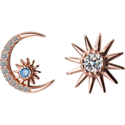 Rose Gold 925 Sterling Silver Moon Sun Stud Earrings Cubic Zircon Gift Box PE25