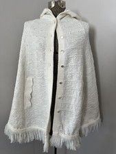 Vtg Wintuk White Knit Button Down Fringed Hooded Cape Poncho Hippie Festival