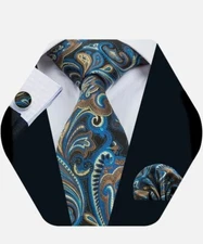 Barry.Wang Men Tie Set Paisley Solid Silk Necktie Pocket Square Cufflinks Extra 
