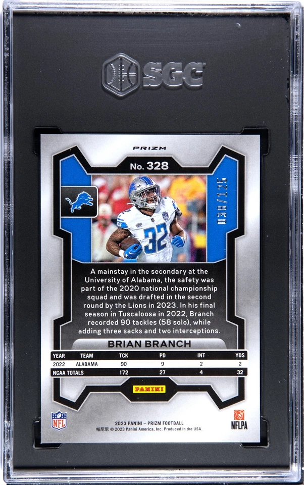 2023 Panini Prizm #328 Brian Branch RC Purple Prizm 38/125 SGC 9 - Image 2 of 2