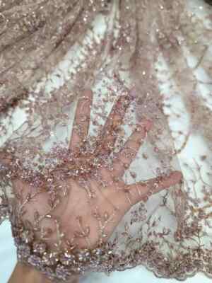 Mauve Beaded Embroidery Bridal Lace Fabric 50  Width Sold By Yard For Dress Prom