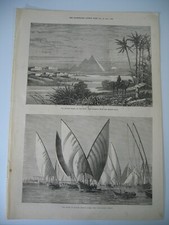 1874 Cairo Egypt Pyramids Boulak Bridge Dahabeahs Boats Wood Engraving PRINT