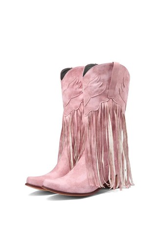 Ethnic Western Cowboy Boots Block Medium Heels Tassel Fringe Knee High Boots - Picture 18 of 29