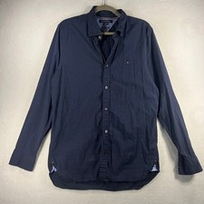 Tommy Hilfiger Slim Fit Stretch Navy Blue Dotted Button Down Shirt L Preppy
