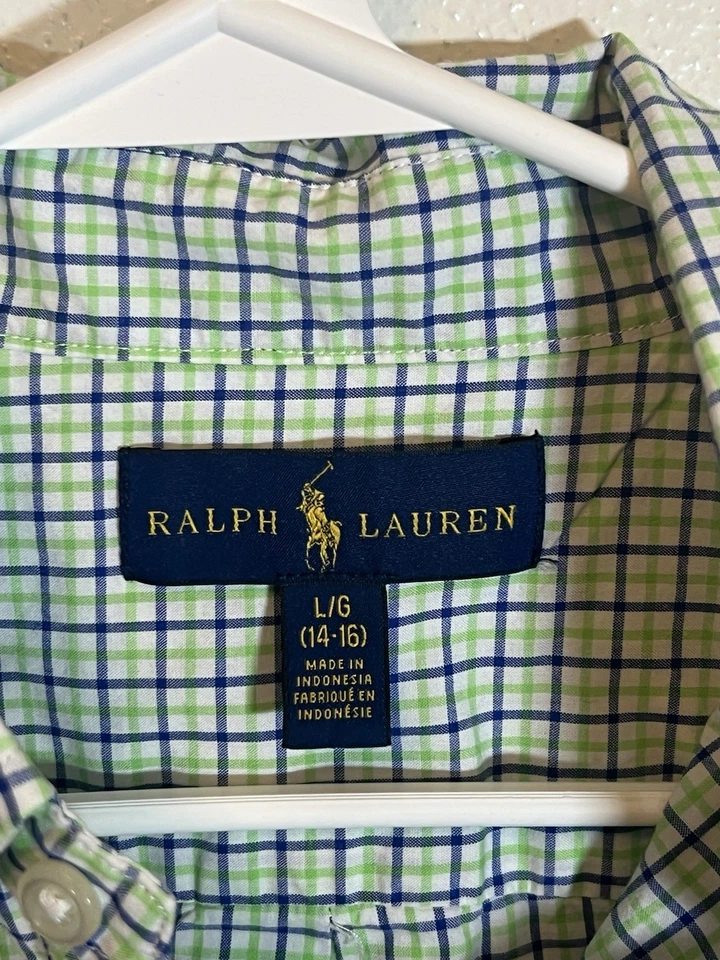 Camisa Ralph Lauren masculina tamanho grande (14-16) xadrez branca verde e azul - Imagem 3 de 4