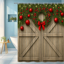 Christmas Shower Curtain with Wreath and Red Bow Decor