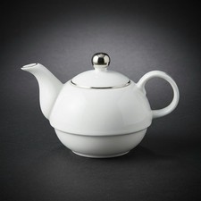 White Porcelain Tea for One Stackable Teapot and Cup Set Silver Trim