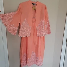 Ming Wang Linen Blend Maxi Skirt Set Sz L XL Bell Sleeves Peach Embroidered READ