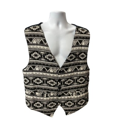 Thums-Up Black White Aztec Western Vest Mens Size XL Cotton Rayon