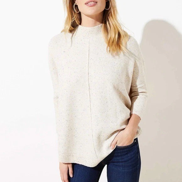 NEW LOFT Women Cream Speckled Mock Neck Poncho Sweater