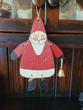 Primitive Santa with Bell, Wooden Door Hanging, Rustic Christmas Decor 12" Tall