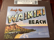 Surf'S Up At Waikiki Beach Hawaii Hi Tropical Funny Metal Sign Pub Game Room Bar